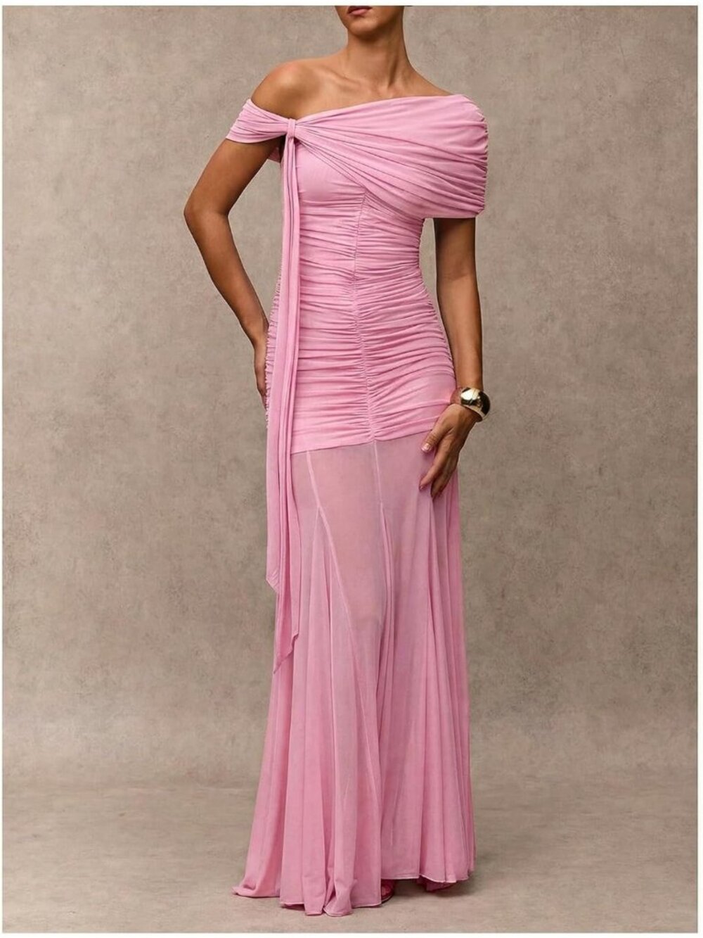 Women's Pink Statement Off Shoulder Ruched Mesh Formal Corset Dress - Picture 5 of 7